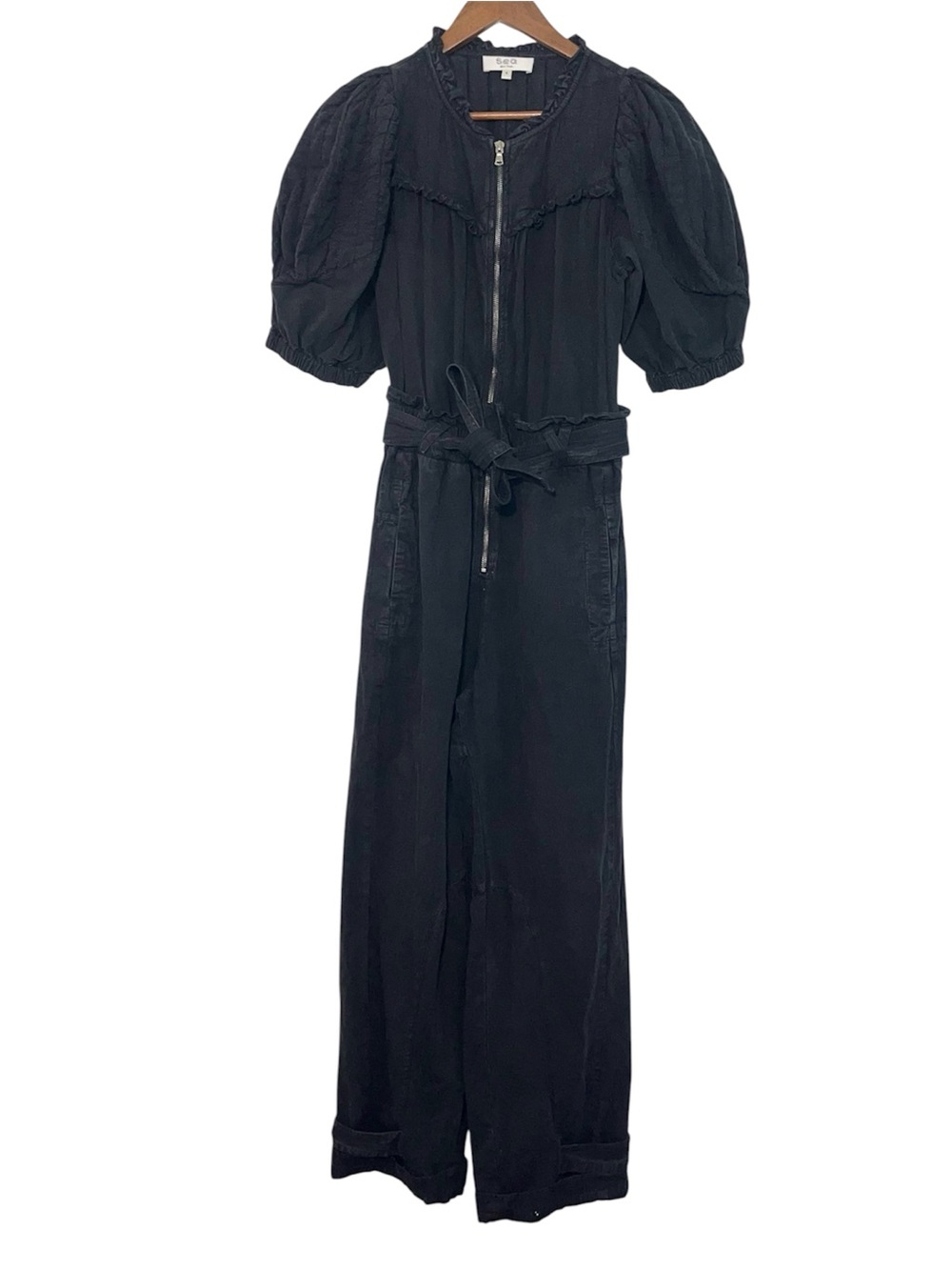 Sea New York Black Denim Jumpsuit Zip Front Puff Sleeve Belted Size 6